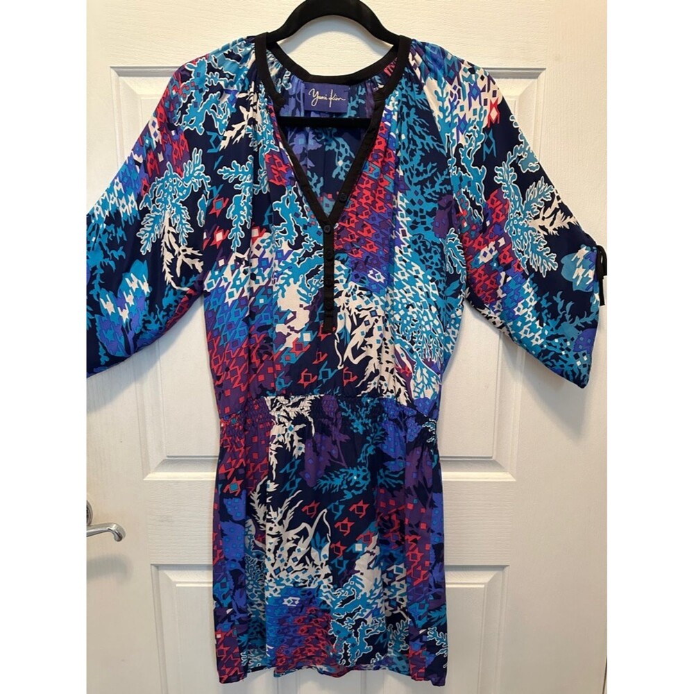 Yumi Kim 100% Silk Multi Color Print Button Top Dress Smocked Waist Size XS